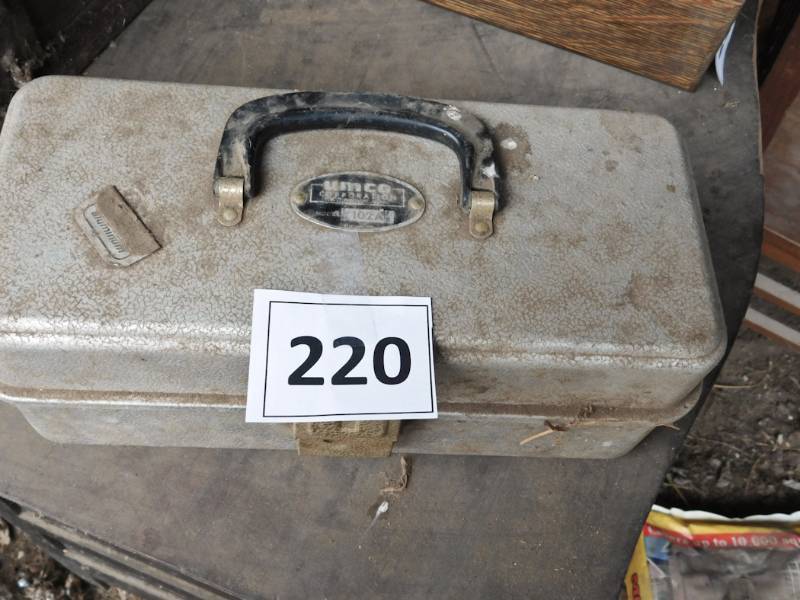 lot 220 image: vintage fishing tackle box and old lures