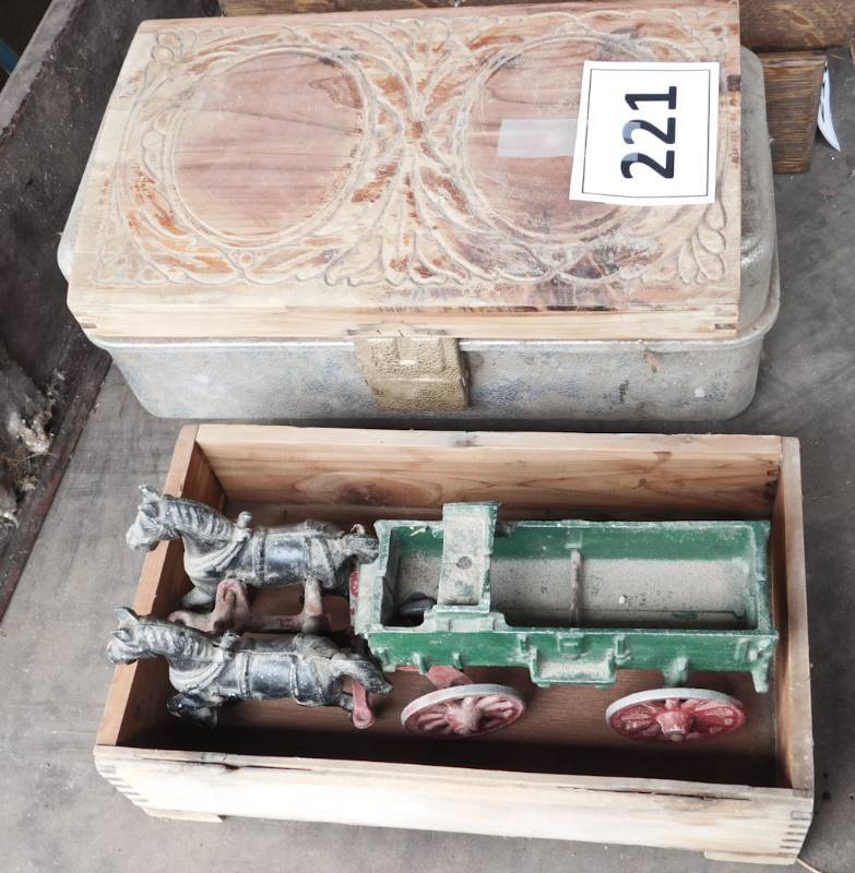 lot 221 image: vintage jewelry box and cast iron wagon