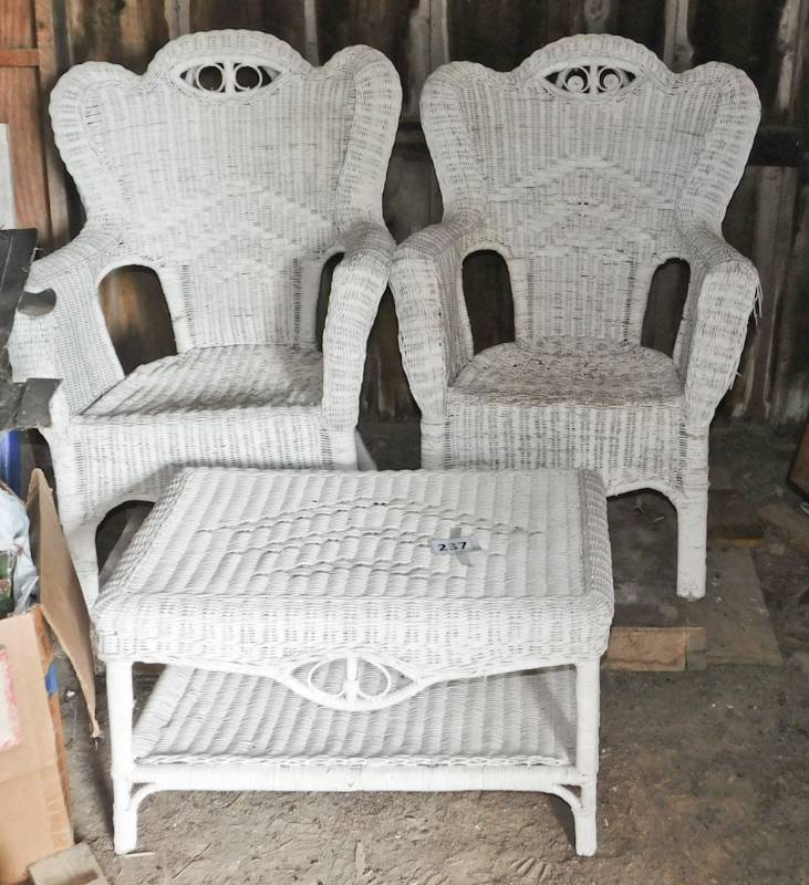 lot 237 image: two white wicker chairs and table