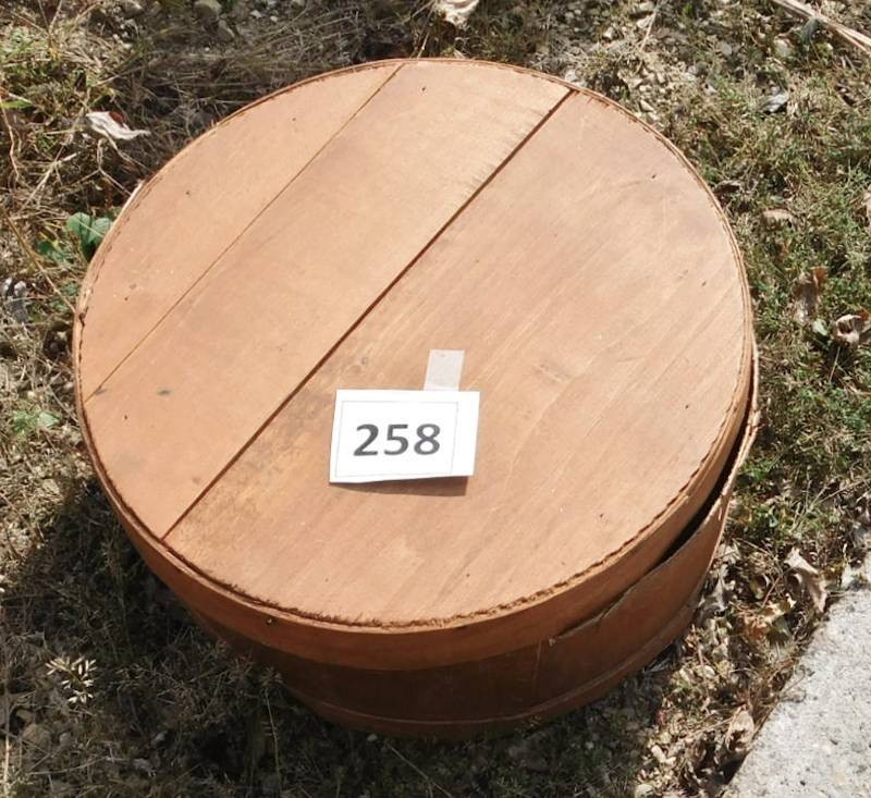 lot 258 image: wooden cheese box with misc hardware