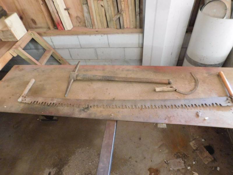 lot 214 image: 2 man logging saw, pick axe, and