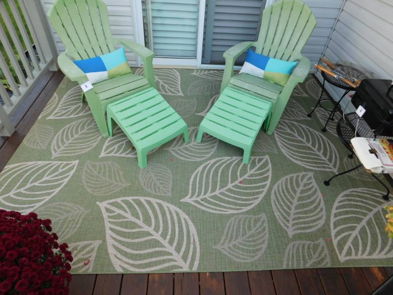 lot 3 image: 2 chairs, leg rests and newer indoor outdoor carpet 118 x 94