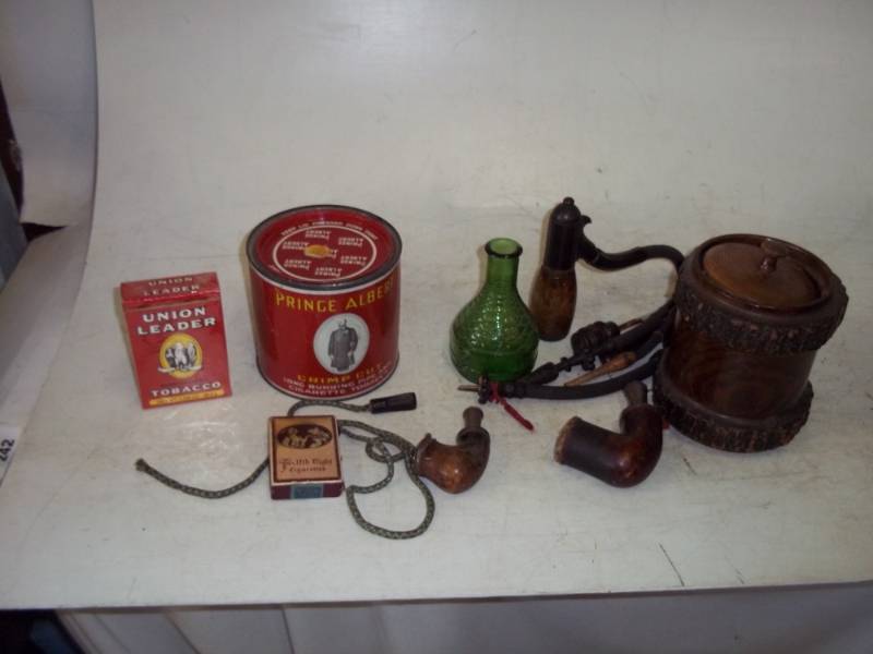 Vintage smoking assortment, pipes tobacco etc