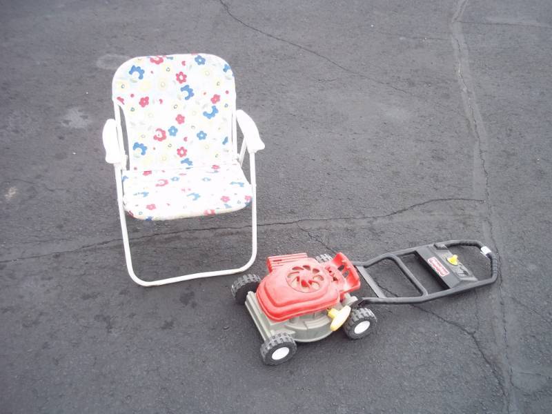 Fisher Price kids mower and kids lawn chair