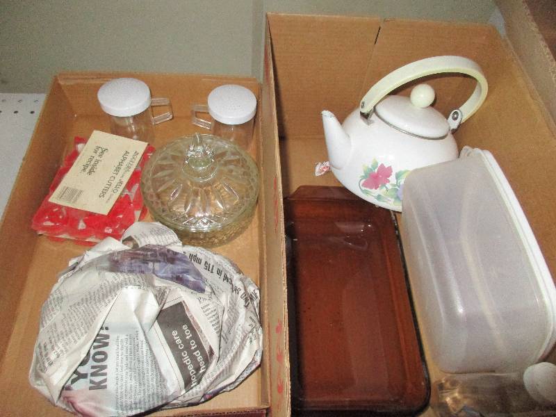 lot 127 image: misc containers and pre-lit Christmas trees