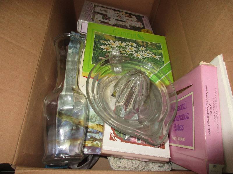 lot 157 image: Train tin(empty), misc cards, glass juicer and a vase