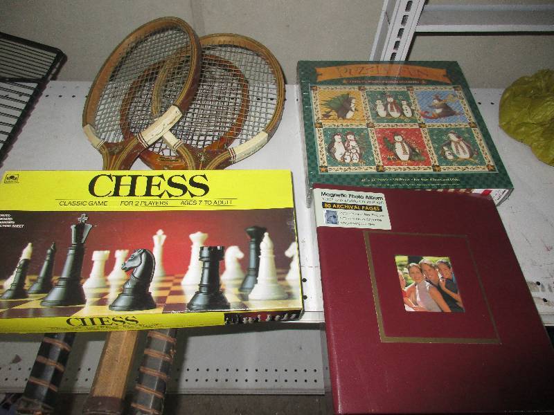 lot 160 image: 3 vintage tennis rackets, chess game and puzzle