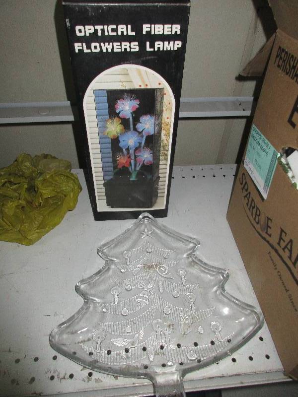 lot 161 image: Fiber optic flowers, glass Christmas tree serving tray and misc stuff