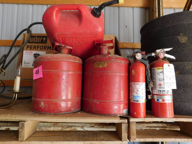 lot 48 image: 2 metal, 1 plastic gas cans 2 fire ext