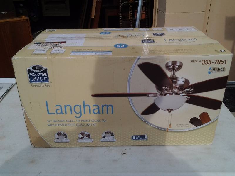 lot 37 image: Langham 52 Inch Brushed Nickel Ceiling Fan