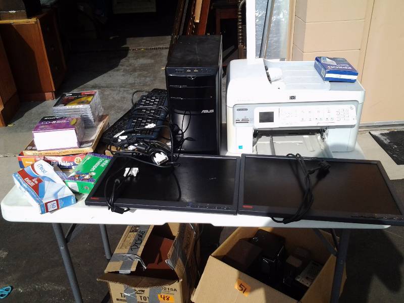 lot 55 image: Asus HDMI Windows 7, HP PrintFaxCopyScan, 2-Lenovo Monitors, Keyboard, Mouse, Office Related