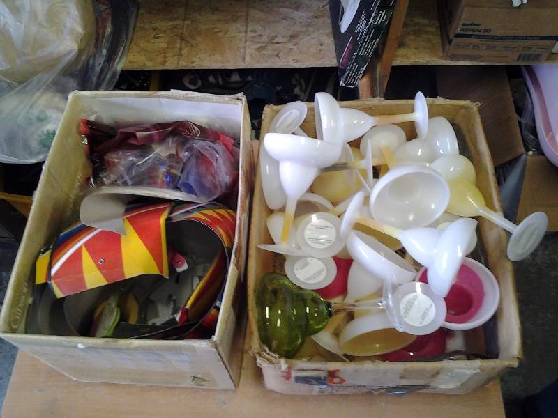 lot 61 image: Box Full Of Plastic Margarita Glasses & Box Of Misc Party Decor
