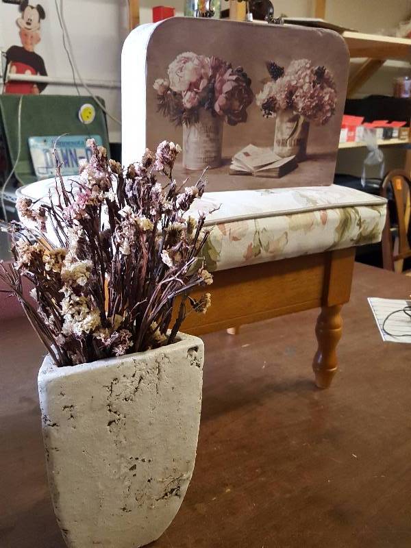 lot 12 image: Foot Stool, Fancy Decorative Box, Stone Vase With Dried Flowers