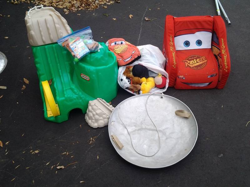 lot 26 image: Little Tikes Track & Accessories, Snow Saucer, Stuffed Animals, Lightning McQueen Youth Chair