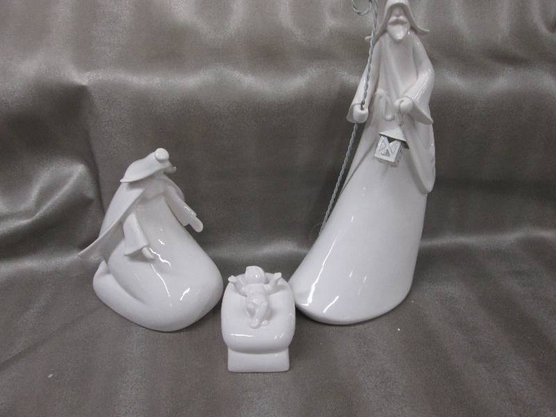3 pc Glazed White Ceramic Holy Fami...