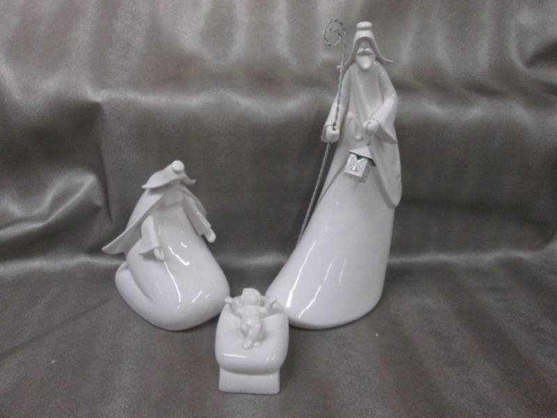 3 pc Glazed White Ceramic Holy Fami...