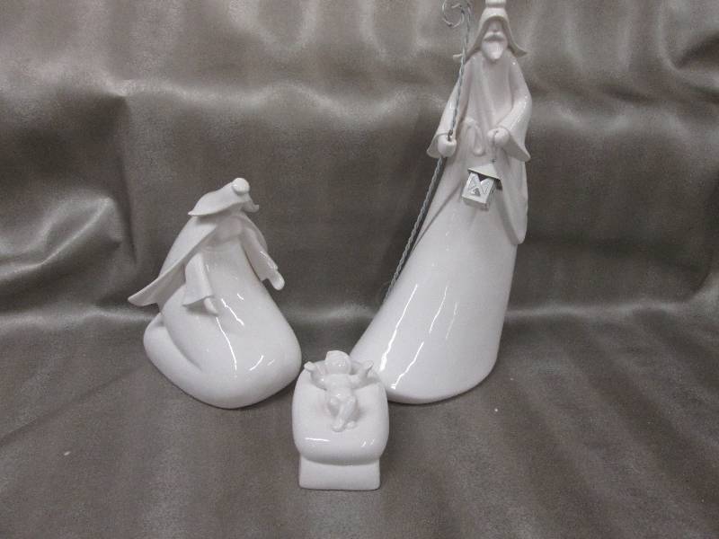 3 pc Glazed White Ceramic Holy Fami...