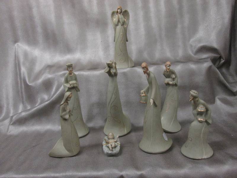 8 pc Sage Toned Ceramic Nativity Se...