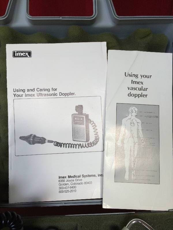 lot 29 image: WOW Retails $900 Imex Pocket Dop Ultrasonic Vascular Doppler W 8.0 Mhz Probe Case Manual & Adapter Kit - Excellent Condition