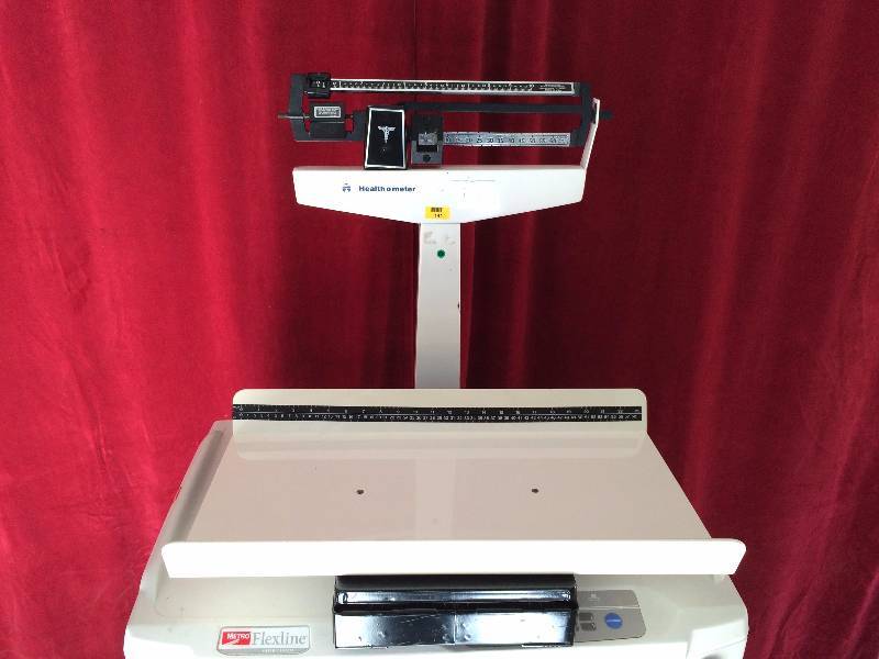lot 120 image: Online $300 Professional Physician Health-O-Meter Tabletop Baby Pediatric INFANT BALANCE BEAM SCALE With Measuring Tray Excellent Condition Plus Metro Flexline Mobile Utility Cart
