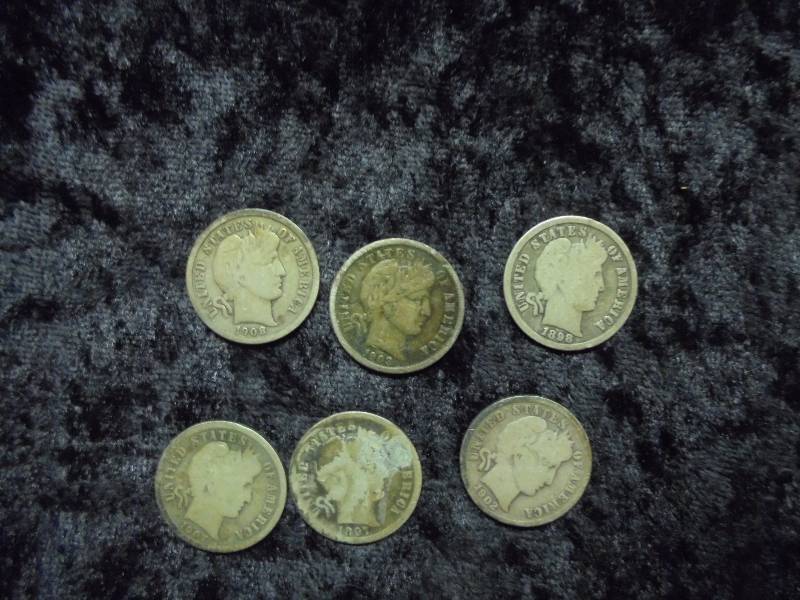 lot 47 image: Lot - Barber Dimes, 1897, 1898, 1902, 1903O, 1907, 1908D, 90% Silver