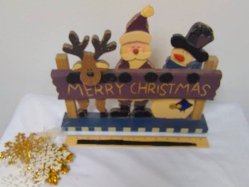 lot 55 image: Merry Christmas Santa, snowman, reindeer decoration, painted wood, 13 long