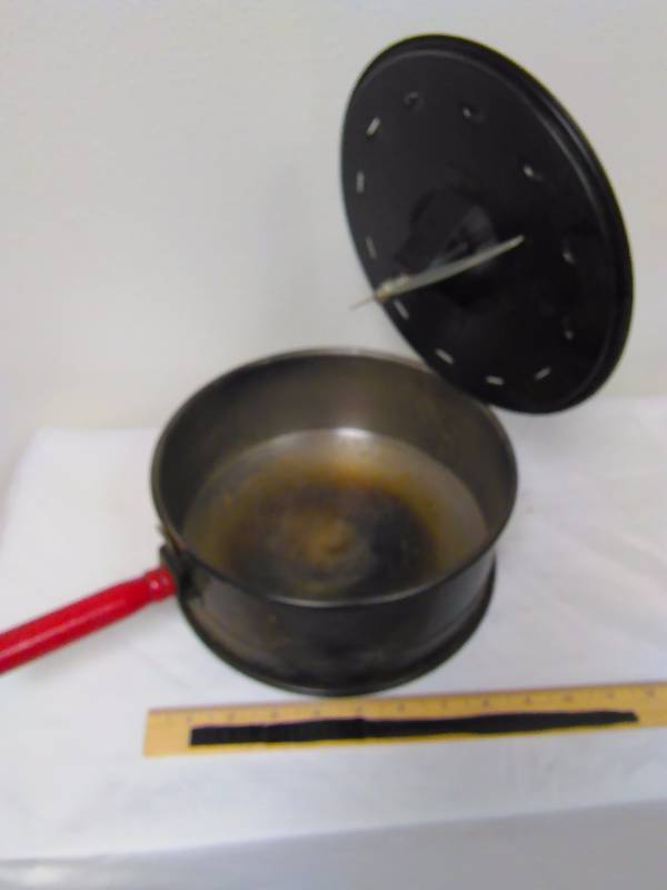 lot 70 image: Vintage inspired stovetop popcorn popper, used, patina, not dirty