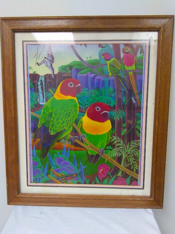lot 113 image: Parrot Heads Framed Parrot print 30 x 25.5