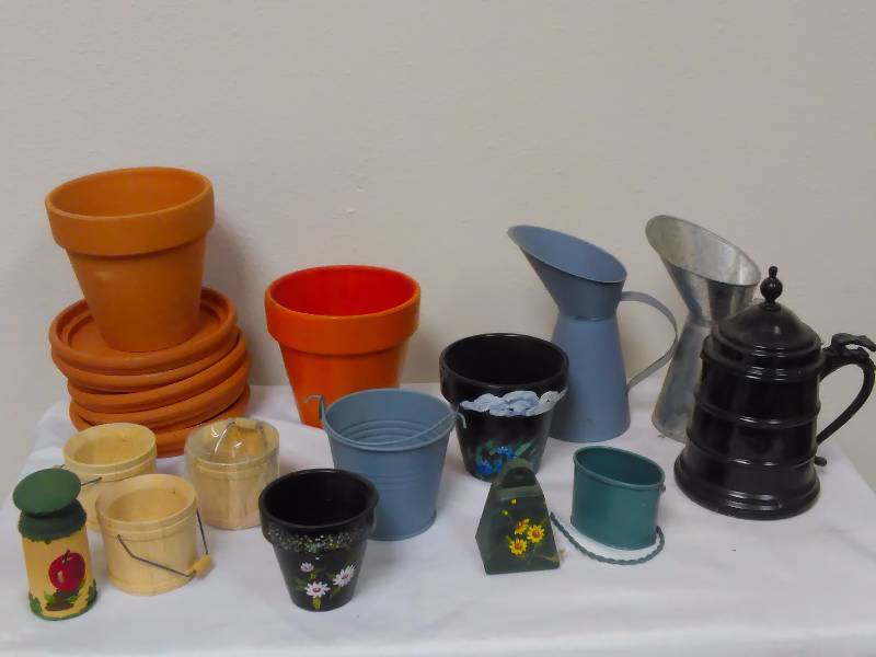 lot 125 image: Misc. Gardening Dcor, miniature pots, watering decanter and more