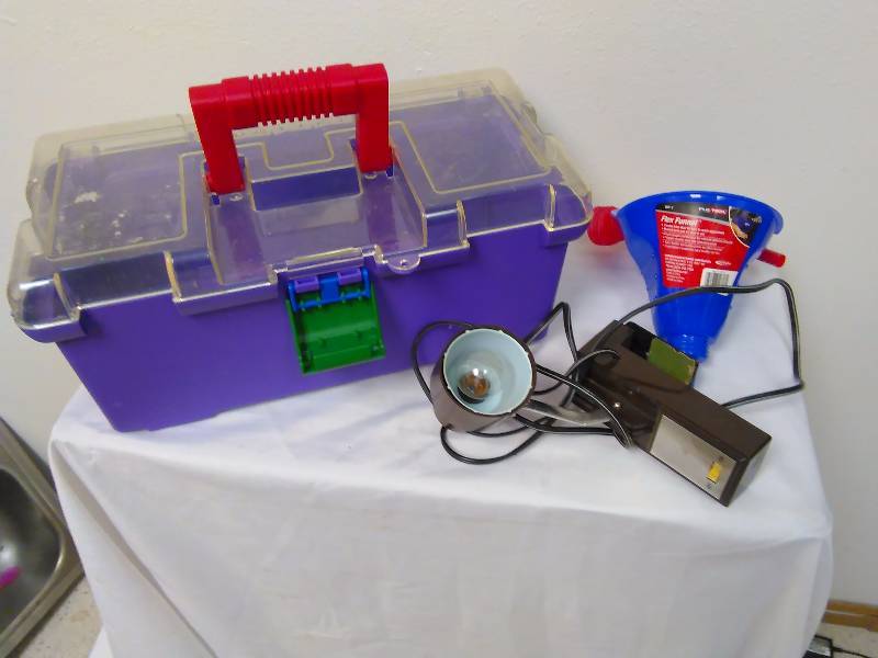 lot 145 image: Flex Funnel (new), Clamp on light, and Battat storage keeper craft box