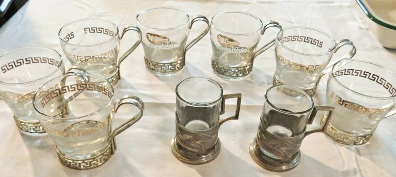 lot 69 image: 7 glass and metal coffee tea cups