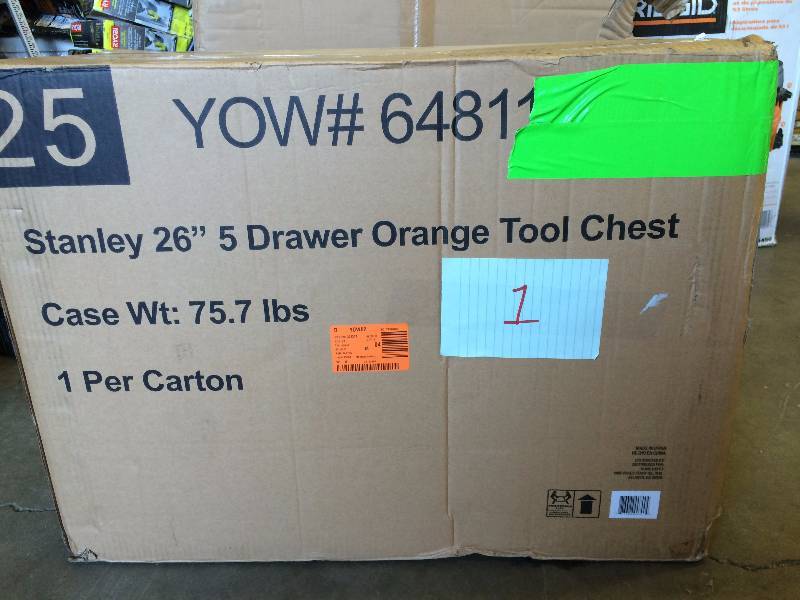 lot 1 image: Stanley 26 5 drawer Orange Tool Chest in its original Pkg never used