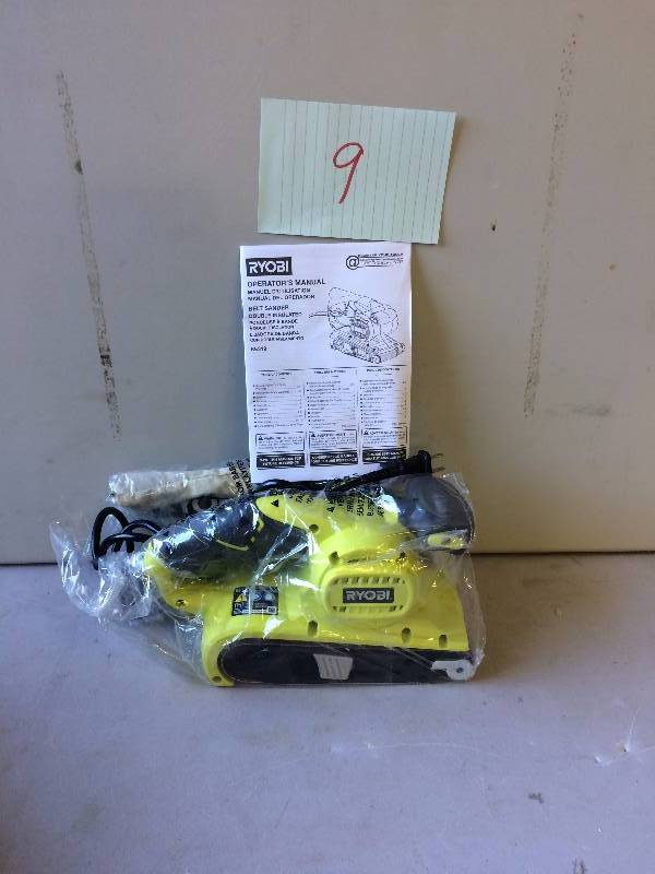 lot 9 image: Ryobi Belt Sander Double Insulated 3 x 18 Never been used Stock and actual photos used to display item