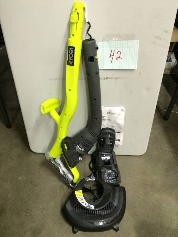 lot 42 image: Ryobi One 18V Lithium Ion Cordless Electric String Trimmer and Edger Never been used Stock and actual photos used to display item