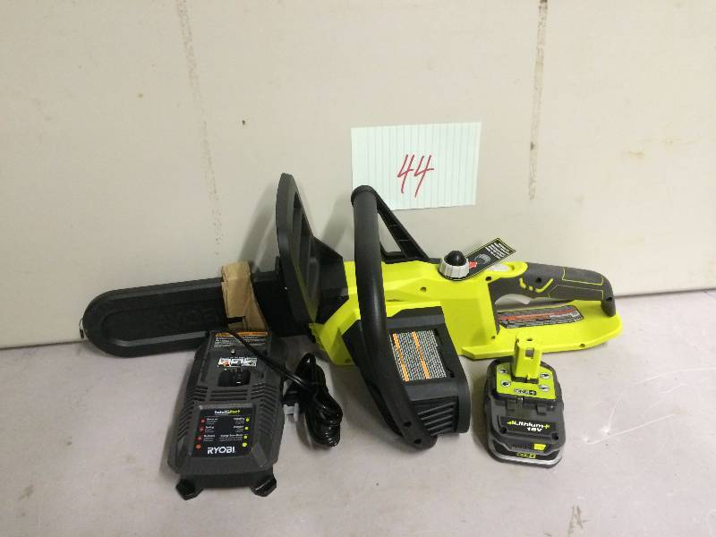 lot 44 image: Ryobi P547 10in  One 18V Lithium Cordless Chainsaw Kit Stock and actual photos used to display item