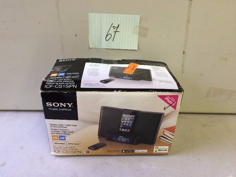 lot 67 image: Sony Make Believe ICF-CS15iPN Speaker DockClock Radio open box never been used