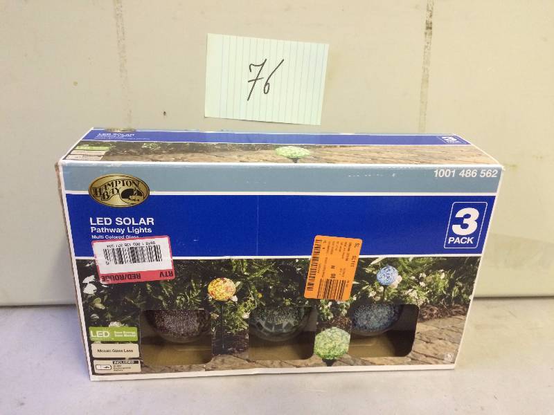 lot 76 image: Hampton Bay Mosaic Outdoor Multi-Colored LED Solar Gazing Globe (3-Pack) New Stock and actual photos used to display item