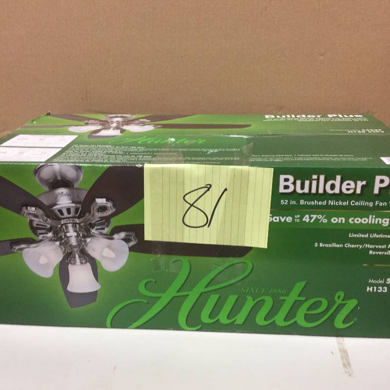 lot 181 image: Hunter Builder Plus 52 In Brushed Nickel Ceiling Fan New