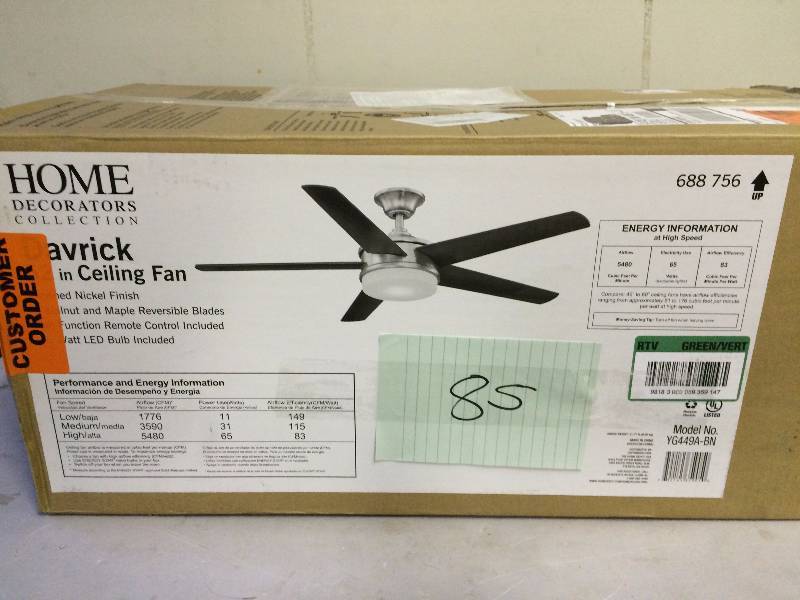 lot 85 image: Home Decorators Collection Davrick 52 in Brushed Nickel LED Ceiling Fan with Remote  Stock and actual photos used to display item