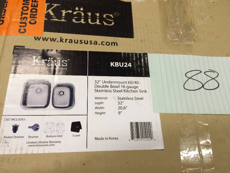 lot 88 image: KRAUS All-in-One Undermount Stainless Steel 32 in. Double Bowl Kitchen Sink New in Original Pkg  Stock and actual photos used to display item