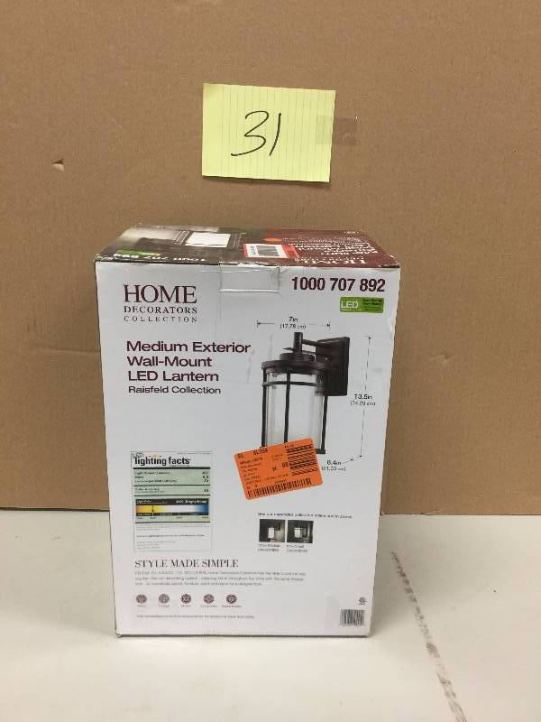 lot 131 image: Home Decoreators Medium Exterior Wall Mount LED Lantern Never used