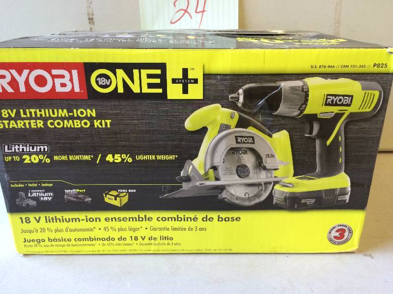 lot 24 image: Ryobi 18 volt One Lithium Ion Starter Kit - 2 tool Drill and Circular Saw, Battery and Charger never been used