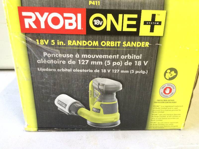 lot 32 image: Ryobi 5 in Random Orbit Sander 18V 0ne never been used Stock and actual photos used to display item