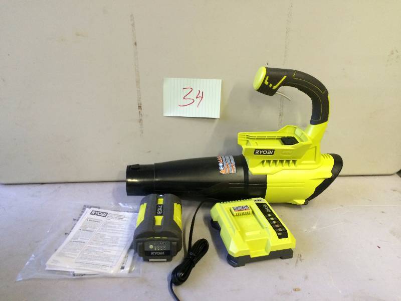 lot 34 image: Ryobi RY40411 40V 155mpg 300cfm Jet Fat design Cordless Lithium Ion Blower Kit