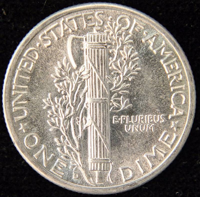 1943-D MERCURY SILVER DIME BU UNC FSB FULL SPLIT BANDS