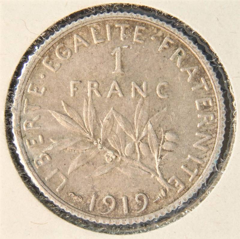 1919 FRANCE SILVER FRANC (83.5% SILVER - 5 GRAMS)
