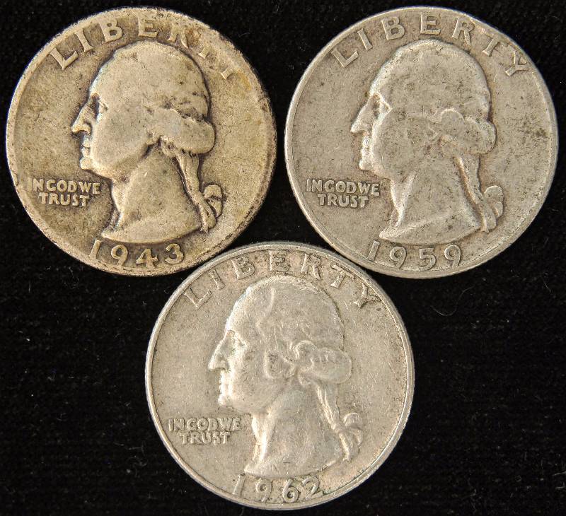 GROUP OF 3 SILVER WASHINGTON QUARTERS 1943D, 1959P & 1962D