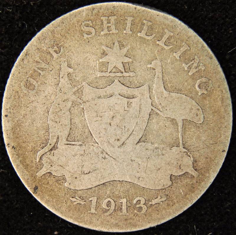 1913 AUSTRALIA SILVER SHILLING (92.5% SILVER, 5.65 GRAMS)