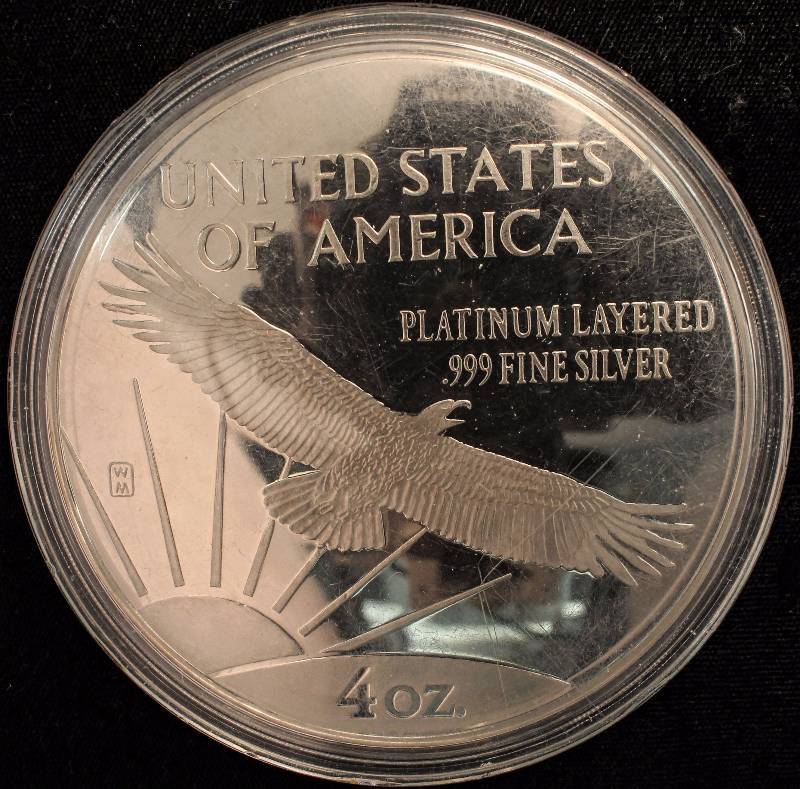 4 TROY OZ. .999 FINE SILVER PLATINUM LAYERED LIBERTY DESIGN IN AIRTITE HOLDER