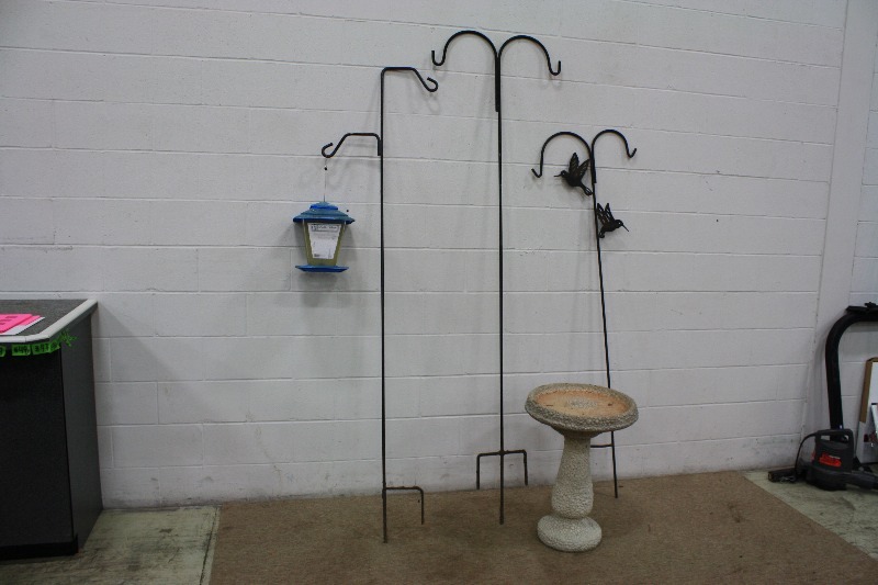 lot 43 image: Yard & Garden Lot  Bird bath, Shepherd Hooks, Bird Feeder